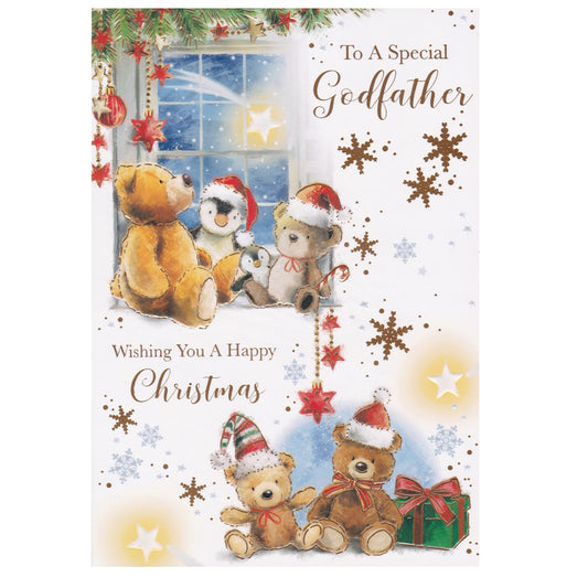 Front of this godfather Christmas card features illustrations of teddy bears and a penguin, in a Christmas themed setting, paired with a message.