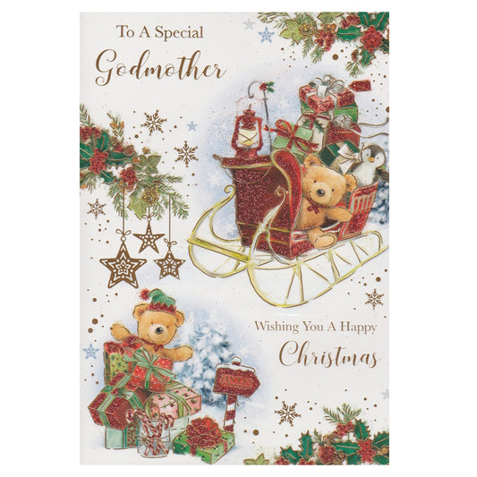 Front of this godmother Christmas card  features an illustration of teddy bears in a sleigh and presents, paired with a message.