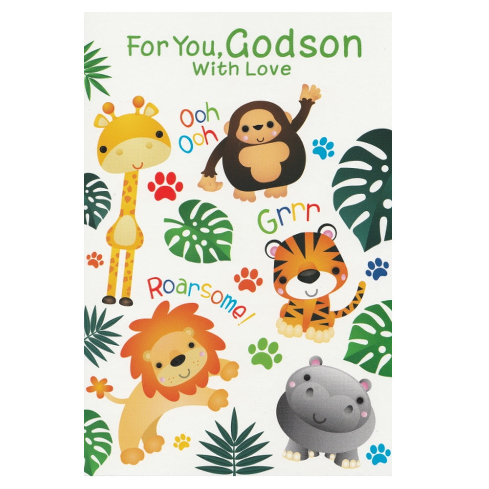 This godson birthday card has illustrations of a giraffe, monkey, lion, tiger and a hippo surrounded by jungle foliage, with the text 'For You, Godson With Love'.