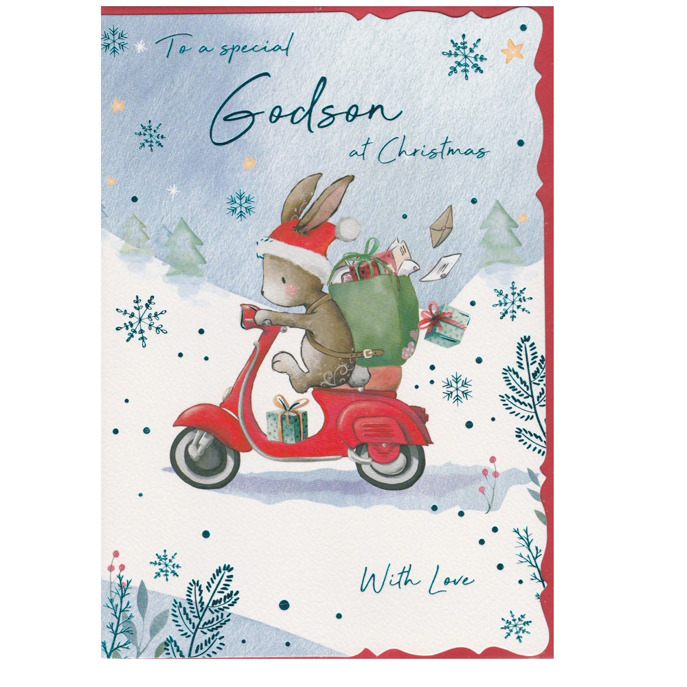 Front of this godson Christmas card features an illustration of a bunny rabbit riding a scooter with a bag of Christmas presents, with the text 'To a special Godson at Christmas'.