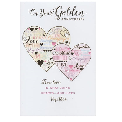 This golden anniversary card has illustrations of two love hearts filled with words of love on a white background, paired with a message. Gold foil detail.
