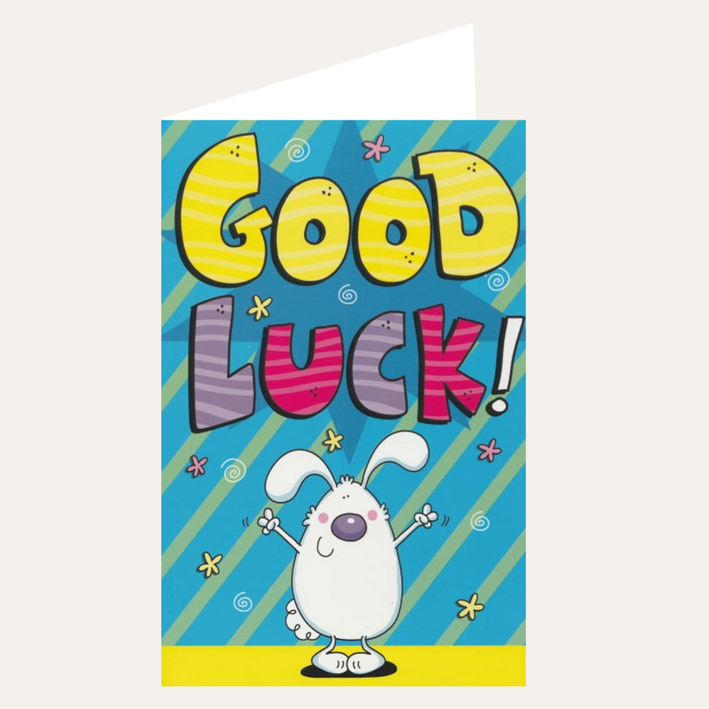 This general good luck card has an illustration of a rabbit and the text 'GOOD LUCK!' on a striped background with flowers. Shop good luck greeting cards.