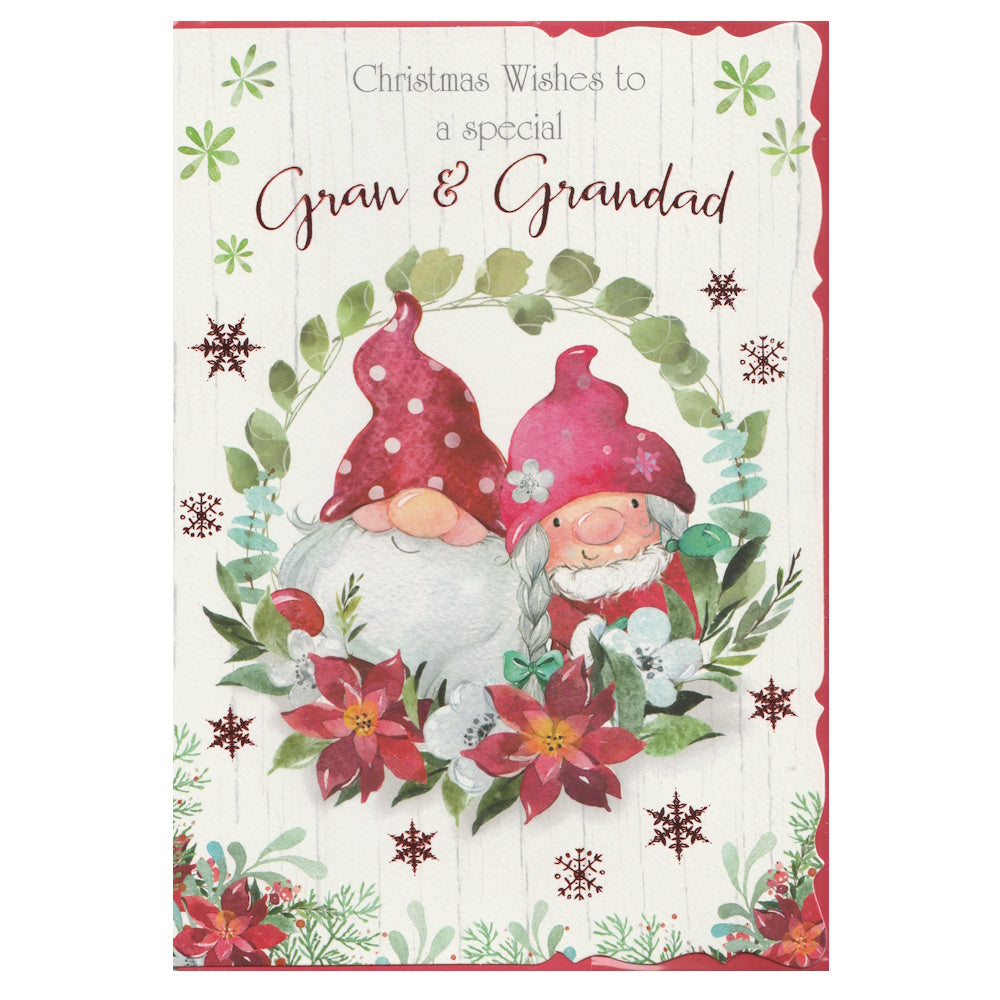 Front of this gran & grandad christmas card features an illustration of two gnomes surrounded by a circle of festive foliage, paired with a message.