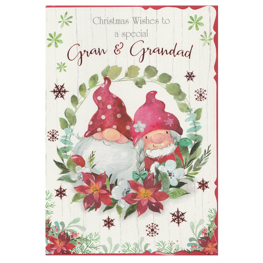 Front of this gran & grandad christmas card features an illustration of two gnomes surrounded by a circle of festive foliage, paired with a message.