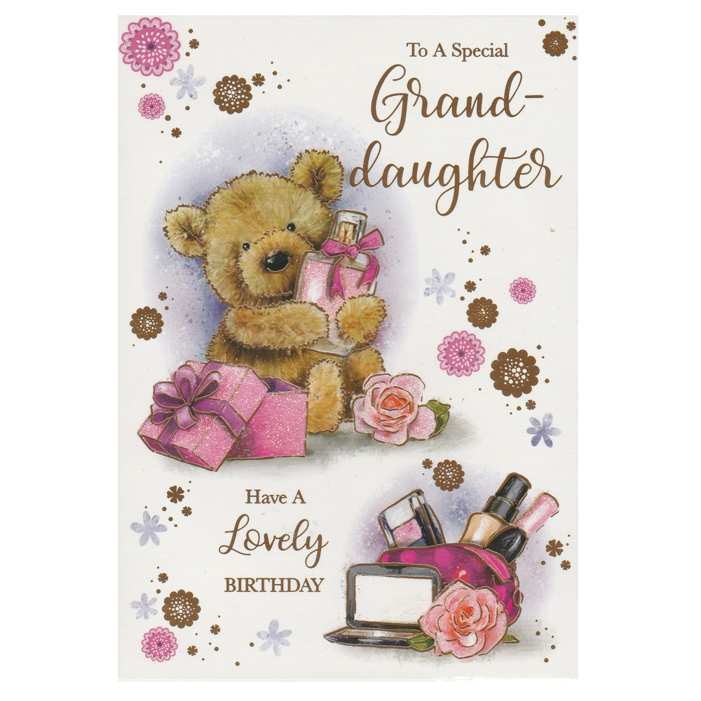 Front of this grand-daughter birthday card features an illustration of a bear holding a perfume bottle with a makeup bag and flowers, paired with a message.