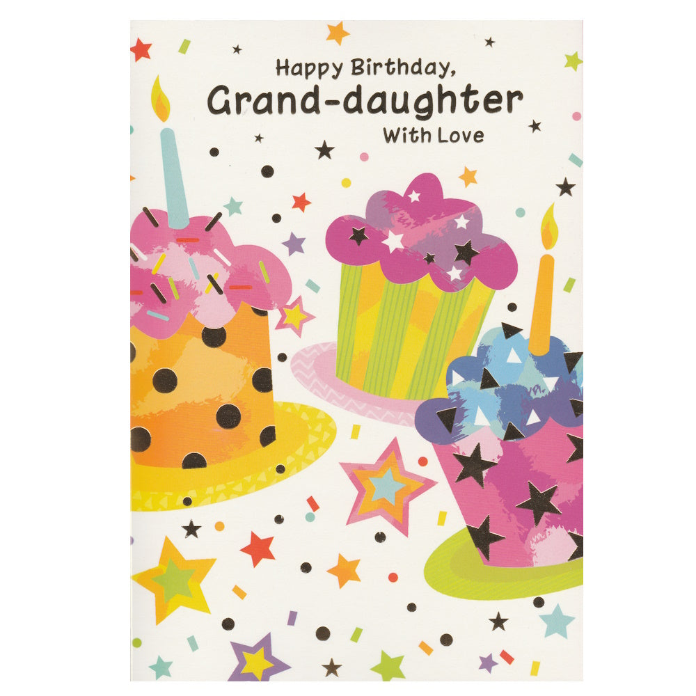 Front of this card features illustrations of three colourful iced cupcakes and stars and the message 'Happy Birthday, Grand-daughter With Love'.