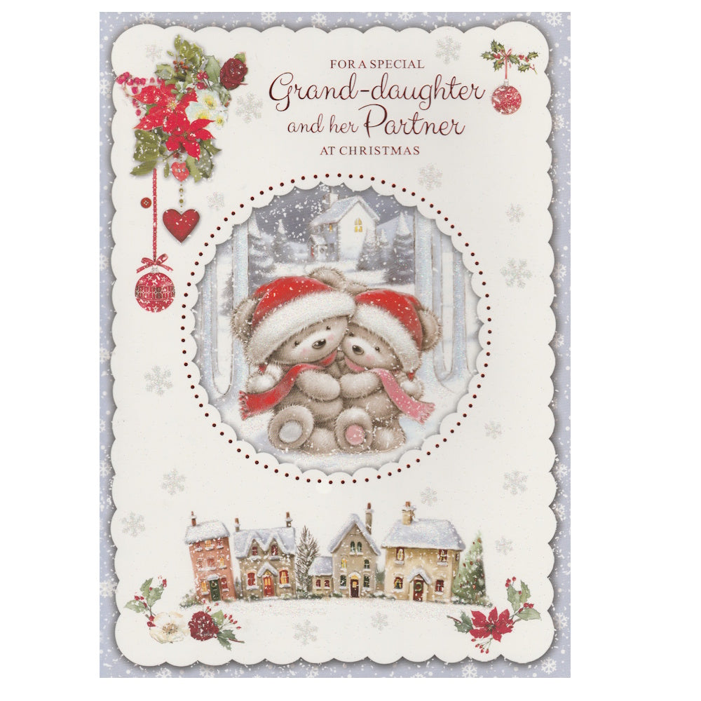 Front of this grand-daughter and partner Christmas card features an illustration of two teddy bears wearing Christmas hats, with a row of snow topped houses, paired with a message.