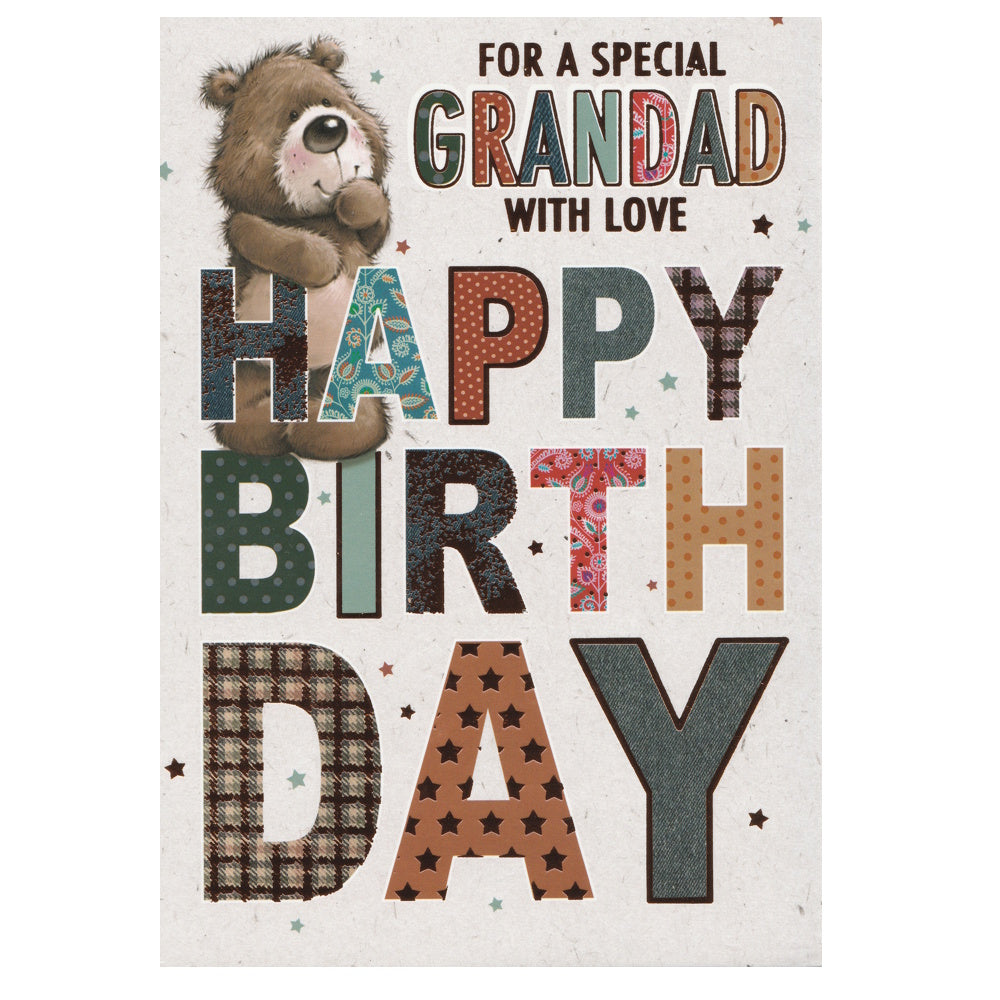 Front of this grandad birthday card features an illustration of a bear with the text 'FOR A SPECIAL GRANDAD WITH LOVE HAPPY BIRTHDAY'.