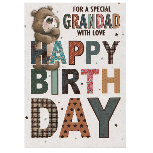 Front of this grandad birthday card features an illustration of a bear with the text 'FOR A SPECIAL GRANDAD WITH LOVE HAPPY BIRTHDAY'.
