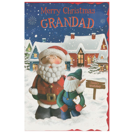Front of this grandad Christmas card features an illustration of two gnomes one dressed as Father Christmas stood in front of snow topped houses, paired with a message.
