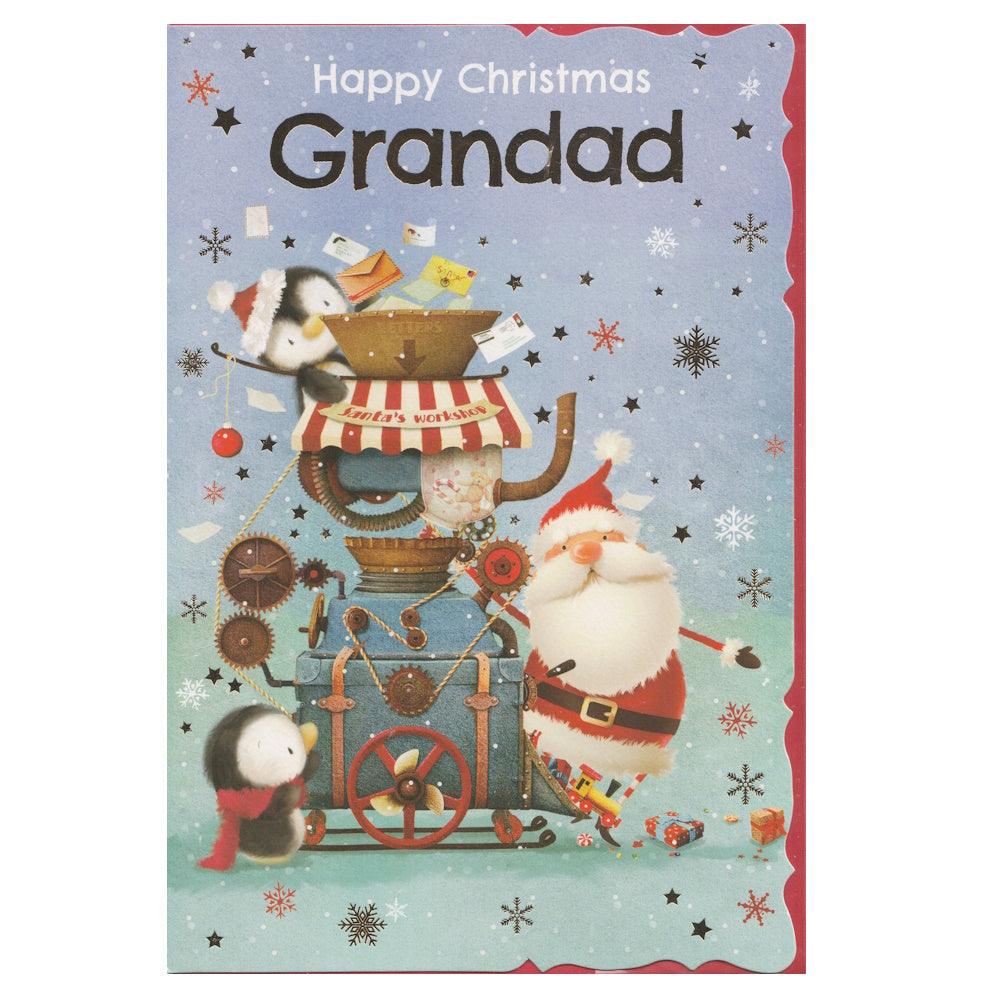 Front of this grandad Christmas card features an illustration of Father Christmas and penguins on a letter sorting machine adorned with a banner with the text 'Santa's Workshop', paired with a message.