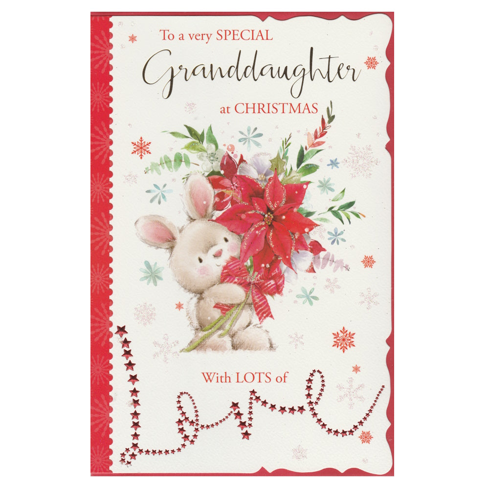Front of this granddaughter Christmas card features an illustration of a bunny rabbit holding a large poinsettia flower, paired with a message.