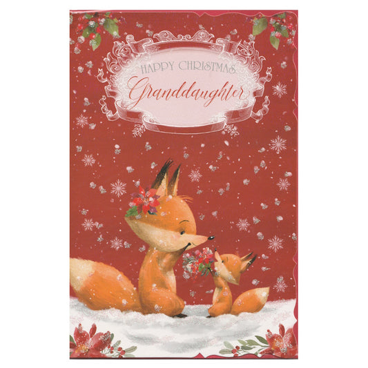 Front of this granddaughter christmas card features an illustration of two foxes with poinsettia flowers with the text 'HAPPY CHRISTMAS Granddaughter', in a snowy scene.