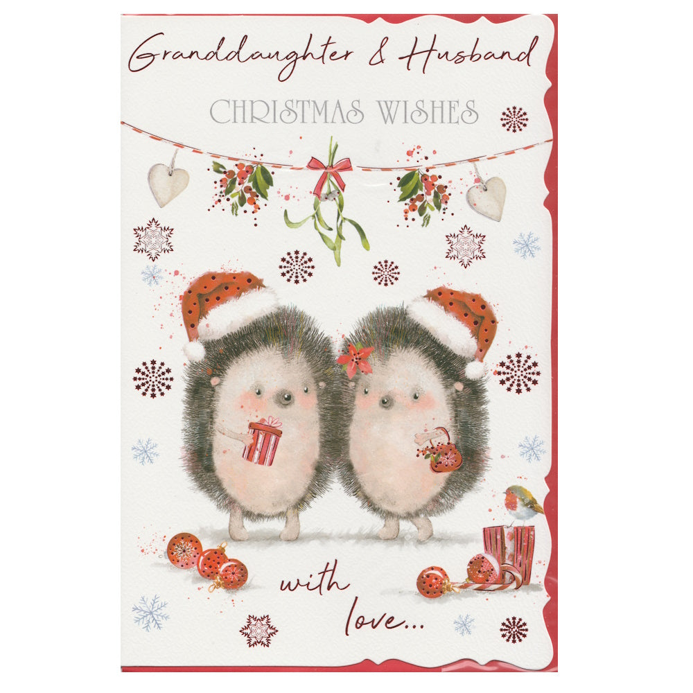 Front of this granddaughter & husband Christmas card features an illustration of two Christmas themed hedgehogs underneath a garland of mistletoe, paired with a message.