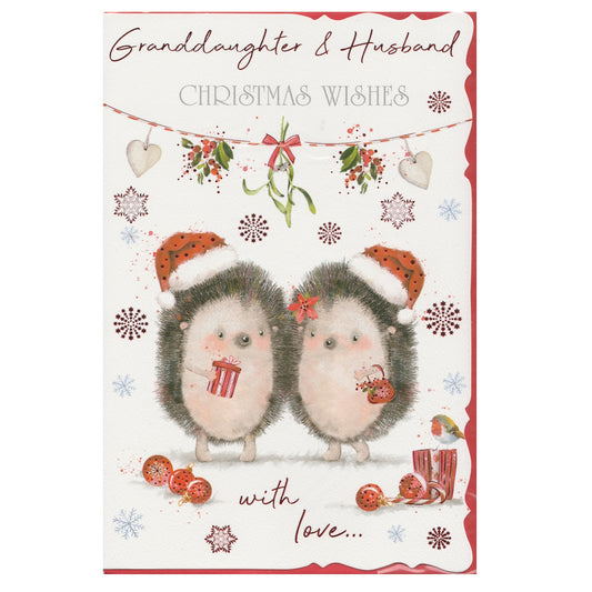 Front of this granddaughter & husband Christmas card features an illustration of two Christmas themed hedgehogs underneath a garland of mistletoe, paired with a message.