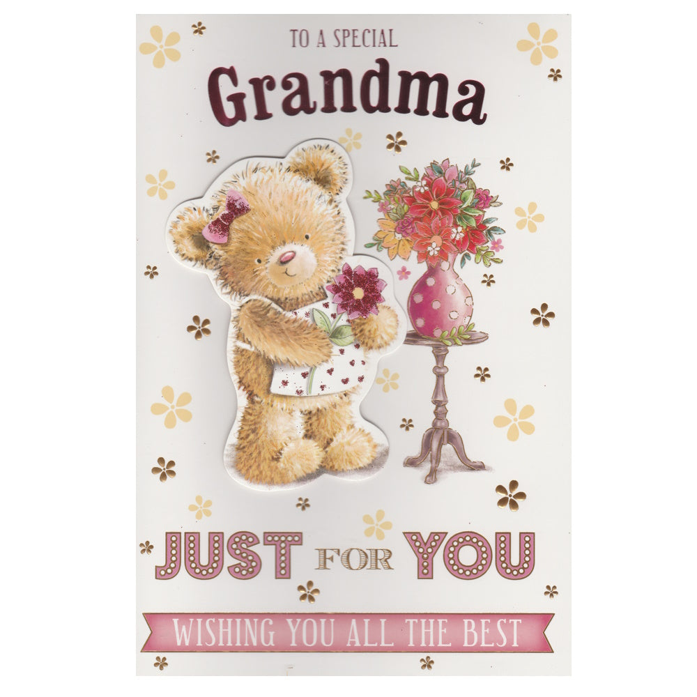 Front of this grandma birthday card features an illustration of a bear and a vase of flowers, paired with a message,