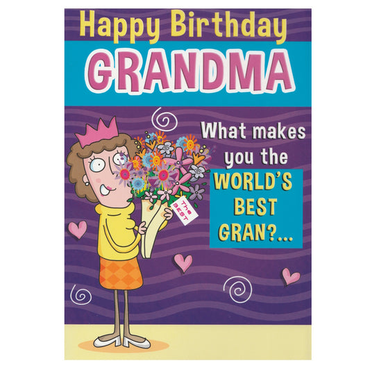 Front of this grandma birthday card features an illustration of a cartoon woman holding flowers, paired with a message.