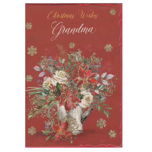 Front of this grandma Christmas card features an illustration of a large bouquet of Christmas flowers with the text 'Christmas Wishes Grandma'.