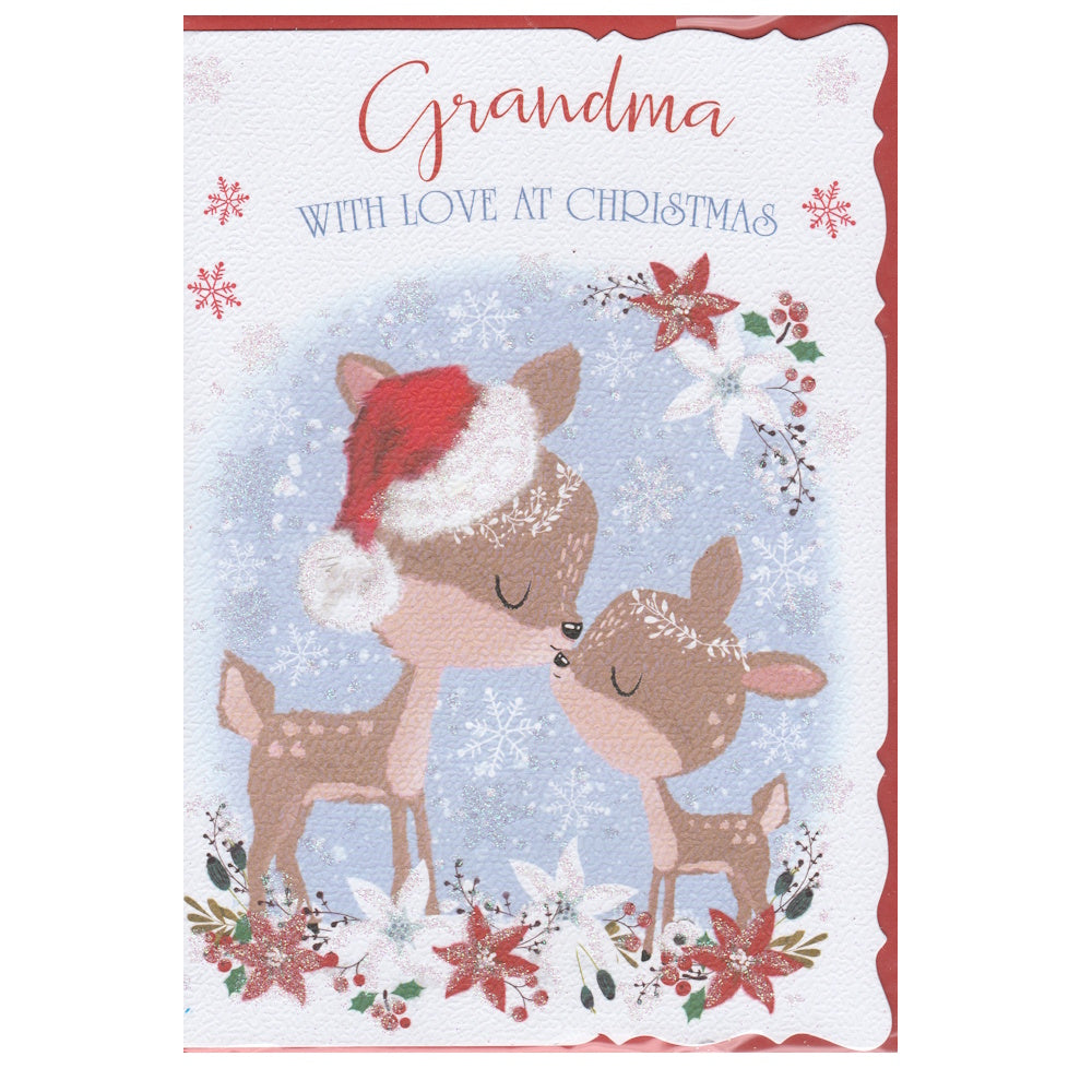 Front of this grandma Christmas card features an illustration of two reindeers in a snowy scene with the text 'Grandma WITH LOVE AT CHRISTMAS'.