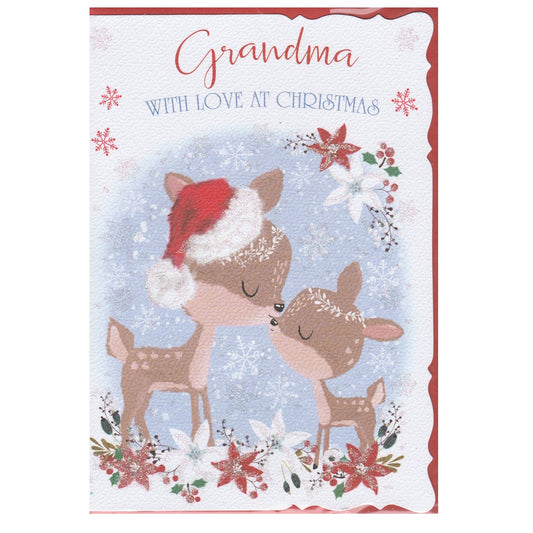 Front of this grandma Christmas card features an illustration of two reindeers in a snowy scene with the text 'Grandma WITH LOVE AT CHRISTMAS'.