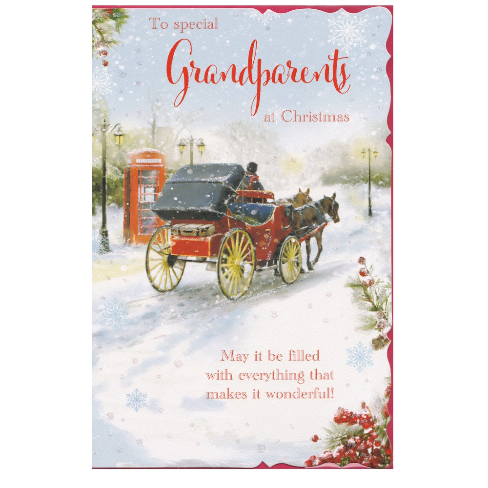 Front of this grandparents Christmas card features an illustration of a snowy scene with a traditional stagecoach and a red phone box, paired with a message.