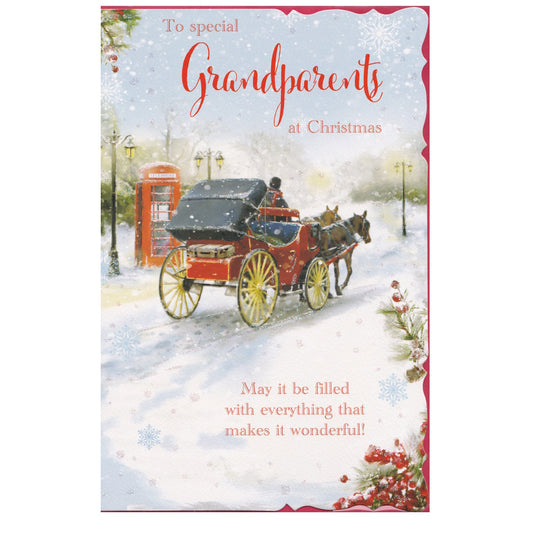 Front of this grandparents Christmas card features an illustration of a snowy scene with a traditional stagecoach and a red phone box, paired with a message.