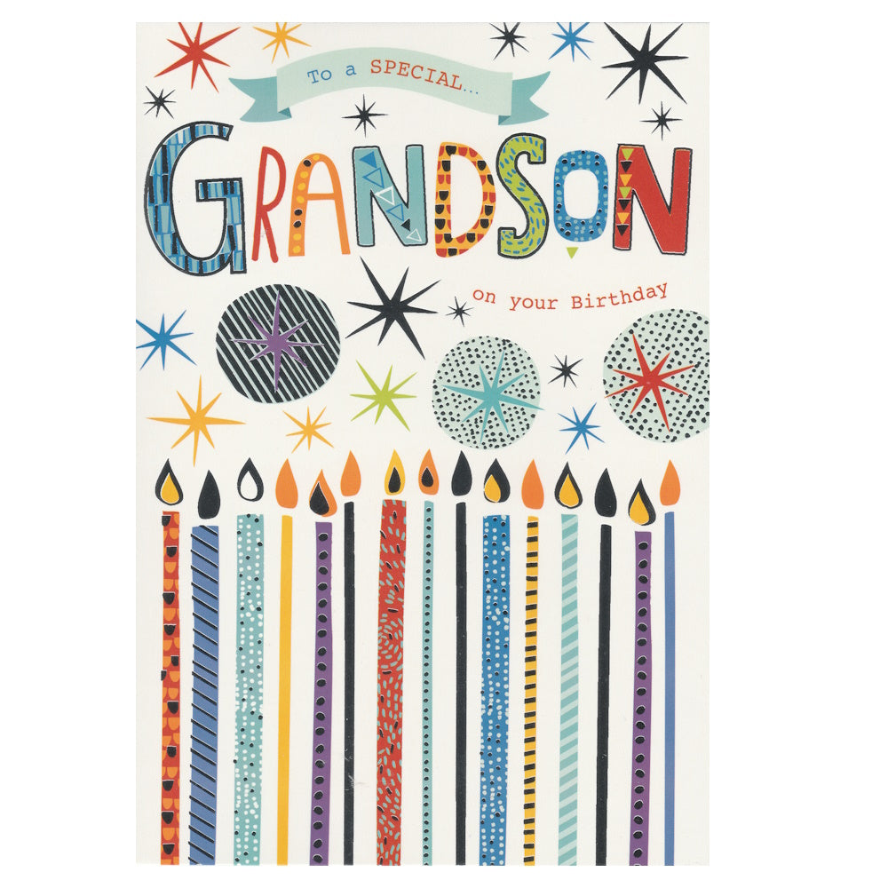 Front of this grandson birthday card features an illustration of candles, circles and stars, paired with a message.