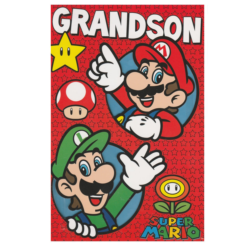 Front of this grandson birthday card features Mario and Luigi, paired with a message.
