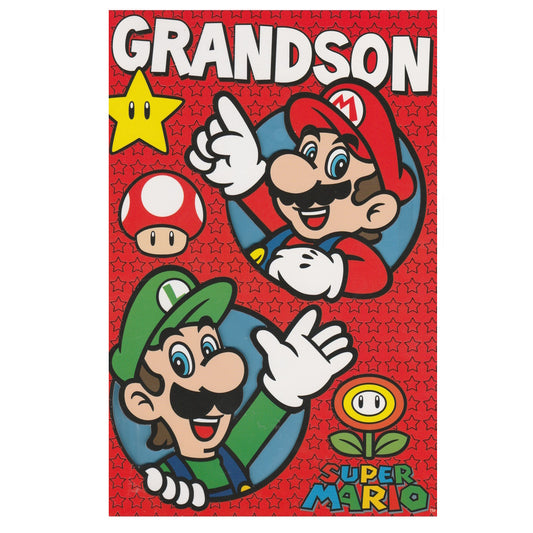 Front of this grandson birthday card features Mario and Luigi, paired with a message.