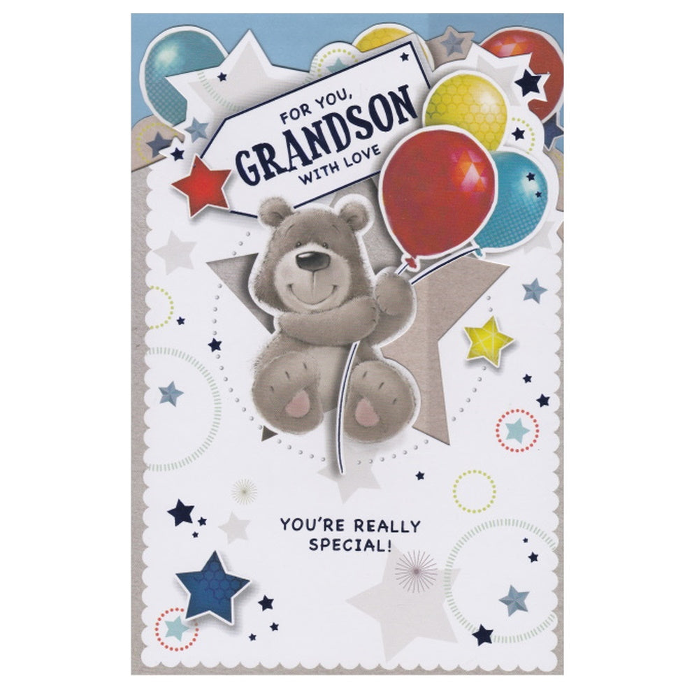 This grandson birthday card has an illustration of a bear holding three balloons surrounded by colourful stars with the text 'For you GRANDSON WITH LOVE' ' YOU'RE REALLY SPECIAL!'.  Blue foil detail.