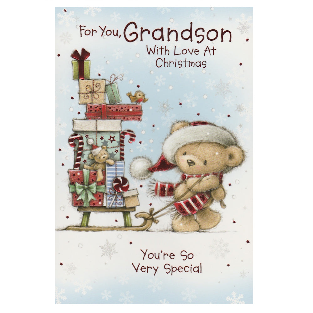 Front of this grandson Christmas card features an illustration of bear pulling a sleigh full of Christmas presents, with a robin perched on top, paired with a message.