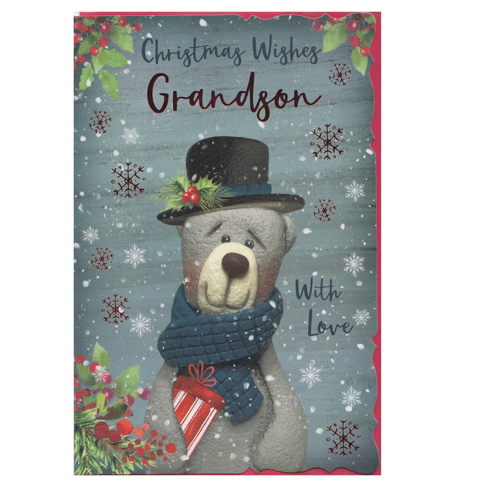 Front of this grandson Christmas card features an illustration of bear standing in the snow wearing a blue scarf holding a striped gift, paired with a message.