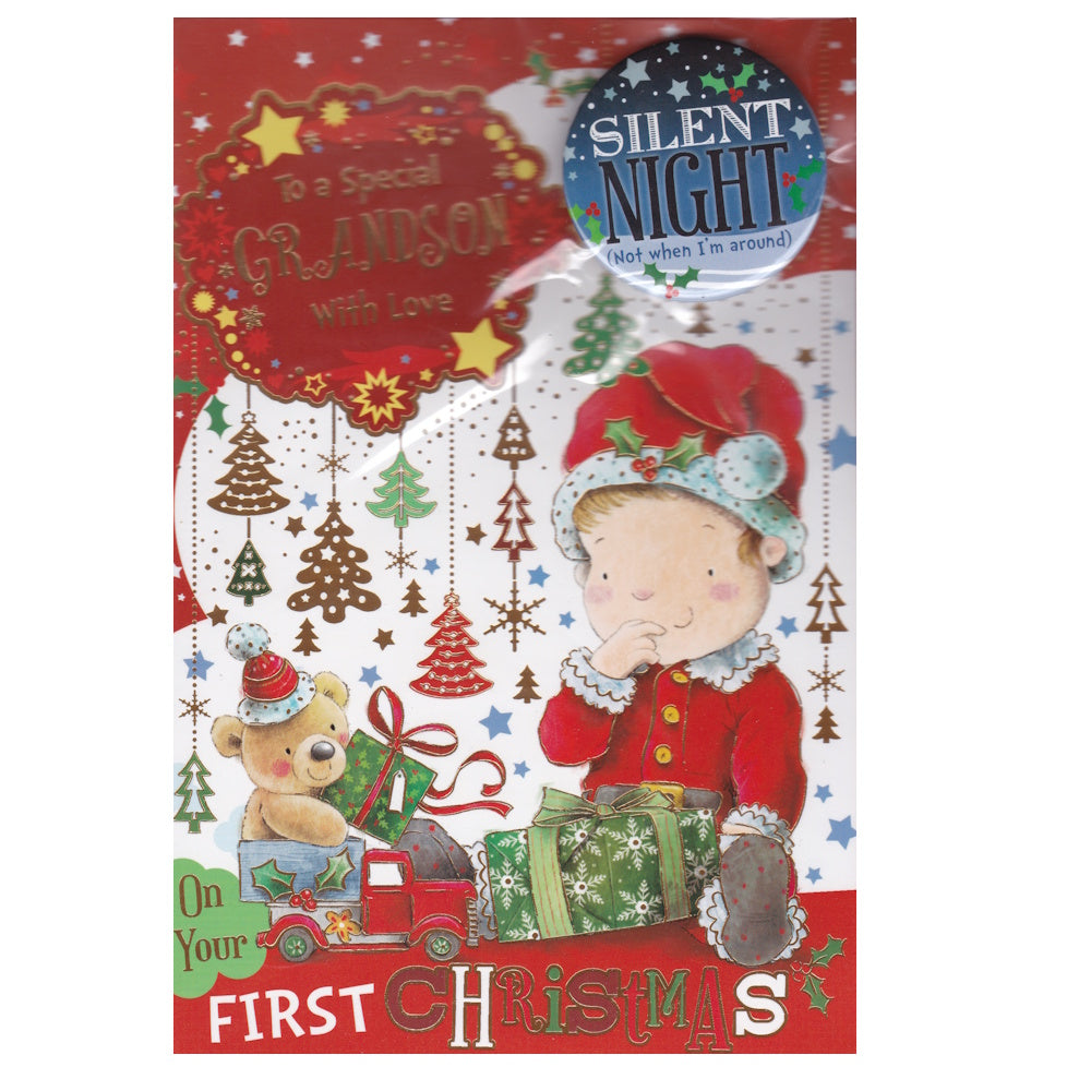 Front of this grandson Christmas card features an illustration of a little boy with a teddy bear surrounded by Christmas trees, paired with a message.