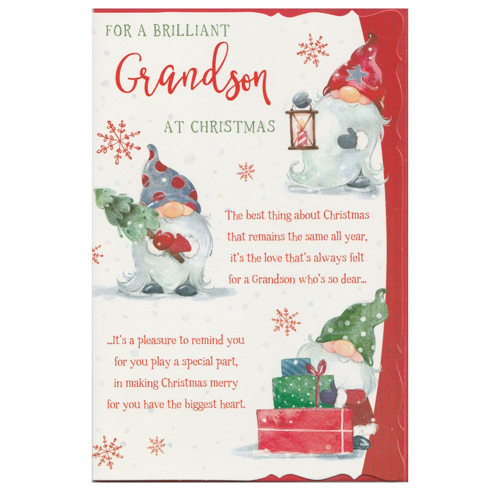 Front of this grandson Christmas card features an illustration of Christmas themed gnomes, paired with a message.