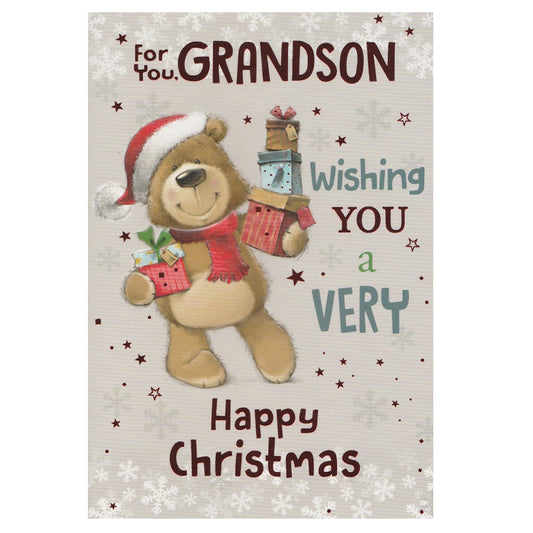 Front of this grandson Christmas card features an illustration of an bear wearing a Christmas hat holding a stack of presents, paired with a message.