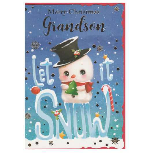 Front of this grandson Christmas card features an illustration of a snowman wearing a top hat, sat on top of the text 'Let it Snow' with the text 'Merry Christmas Grandson'.