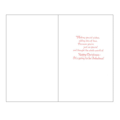 Front of this grandson Christmas card features an illustration of Santa with a penguin, reindeer and snowman, paired with a message.