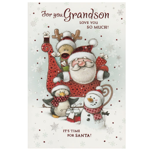 Front of this grandson Christmas card features an illustration of Santa with a penguin, reindeer and snowman, paired with a message.