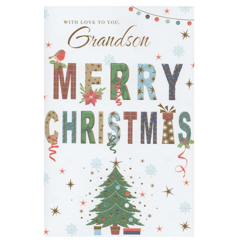 Front of this grandson Christmas card features an illustration of a decorated Christmas tree with the text ' WITH LOVE To You, Grandson' 'MERRY CHRISTMAS'.