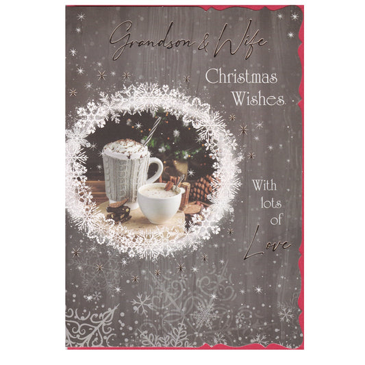 Front of this grandson & wife Christmas greeting card features an illustration of Christmas themed mugs surrounded by a circle of snowflakes.