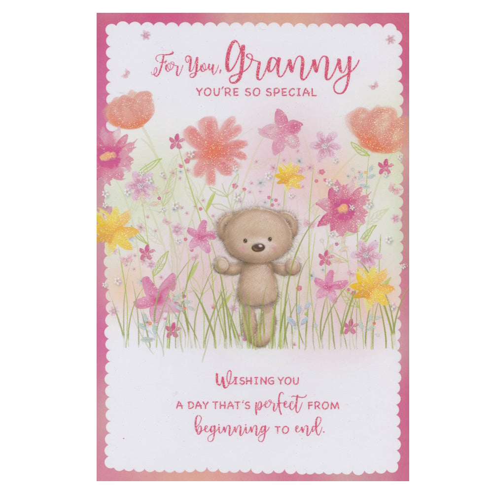 Front of this card features an illustration of a bear surrounded by glittered flowers, with a message 'For You, Granny You're So Special'.