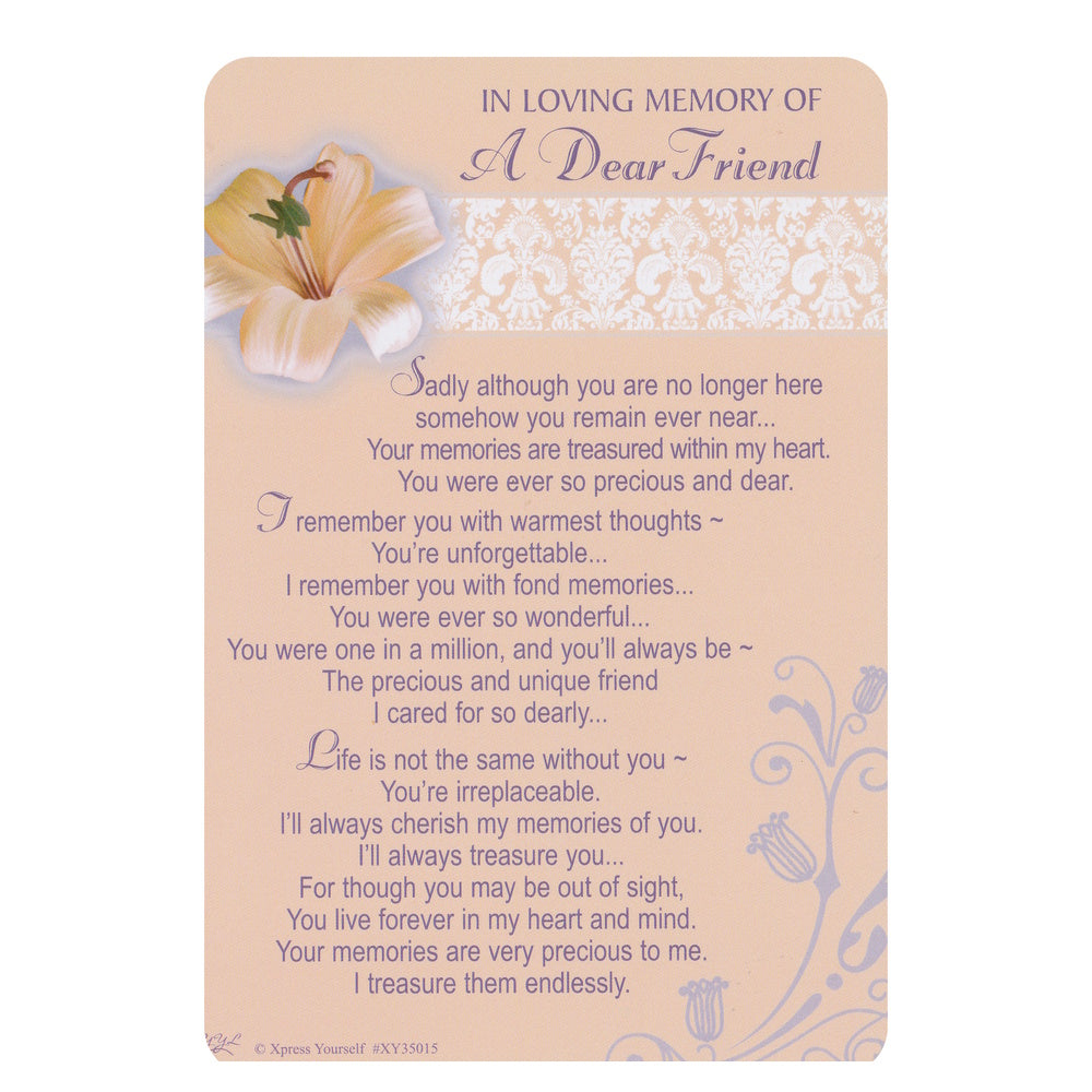 IN LOVING MEMORY... A Dear Friend memorial graveside card with a floral design and a heartfelt message.