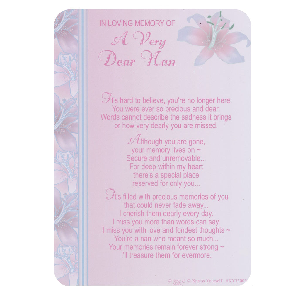 IN LOVING MEMORY... A Very Dear Nan memorial graveside card with a floral design and a heartfelt message.