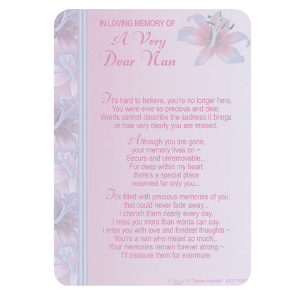 IN LOVING MEMORY... A Very Dear Nan memorial graveside card with a floral design and a heartfelt message.