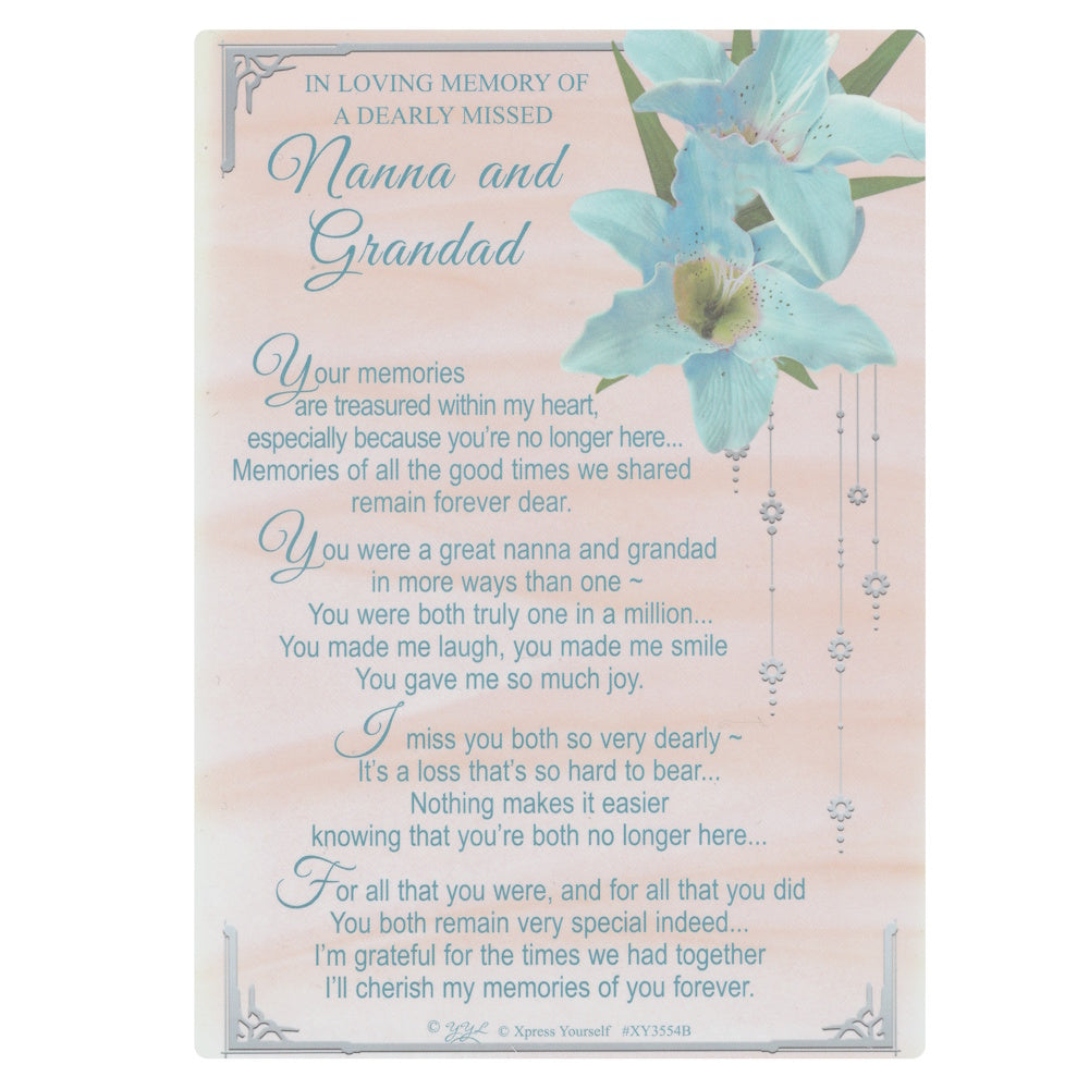 IN LOVING MEMORY... Nanna & Grandad graveside memorial card with a floral design and a heartfelt message.