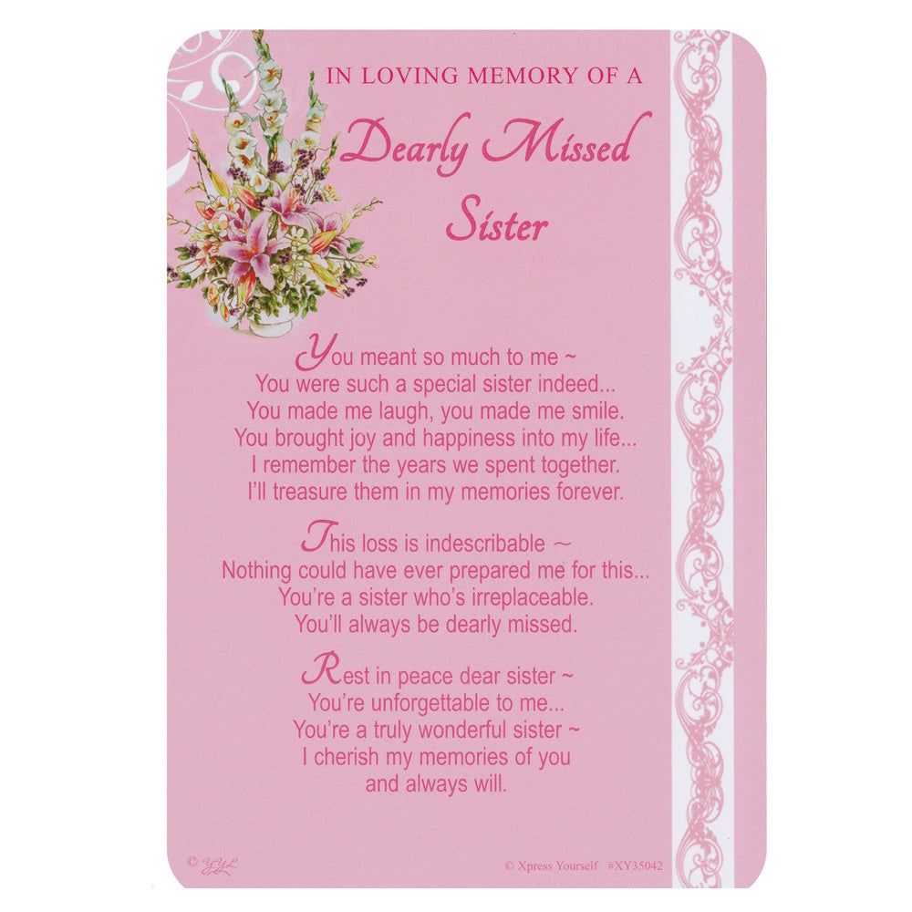 IN LOVING MEMORY... Dearly Missed Sister memorial graveside card with a floral design and a heartfelt message.