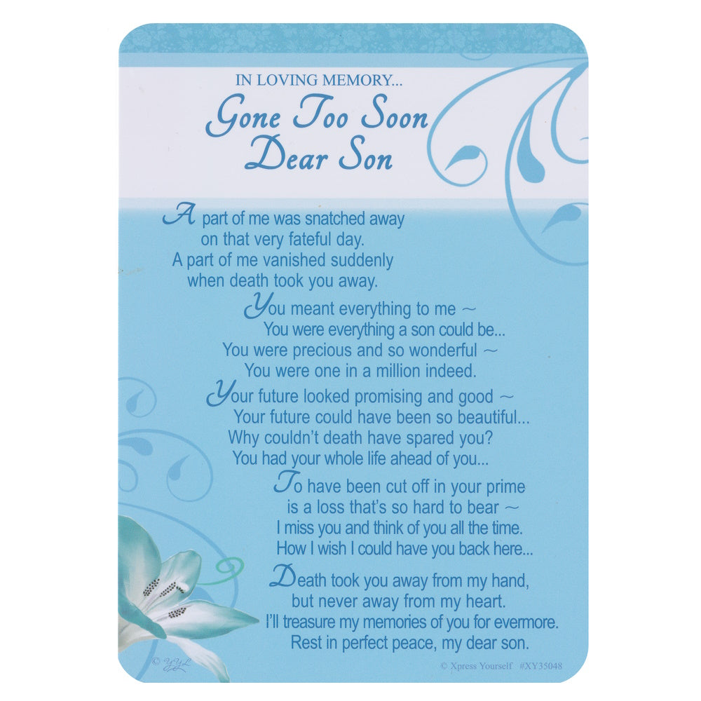 IN LOVING MEMORY... Gone Too Soon Dear Son memorial graveside card with a floral design and a heartfelt message.