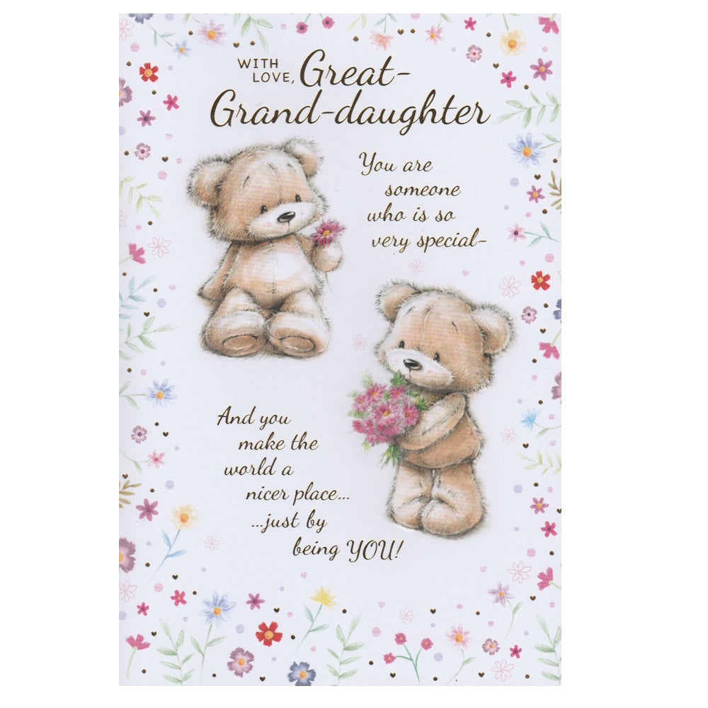 Front of this great-granddaughter birthday card features an illustration of two bears holding flowers, surrounded by a border of flowers, paired with a message.