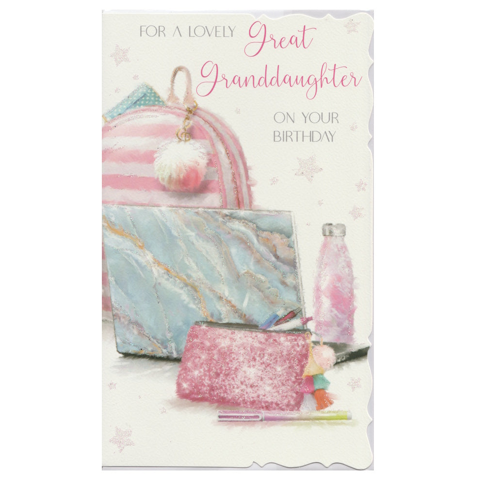 Front of this card features an illustration of a make up bag and makeup, paired with a message.