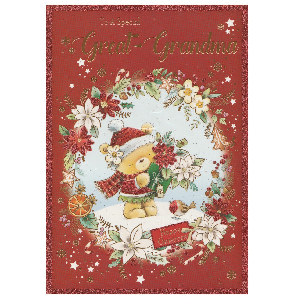Front of this great-grandma Christmas card features an illustration of a teddy bear surrounded by flowers with the text To A Special Great-Grandma'.
